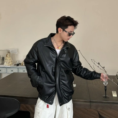Áo Khoác Da Chần Bông Unisex Cổ Bẻ Khóa Kéo Retro Đường Phố - Phong Cách Cá Tính 4
