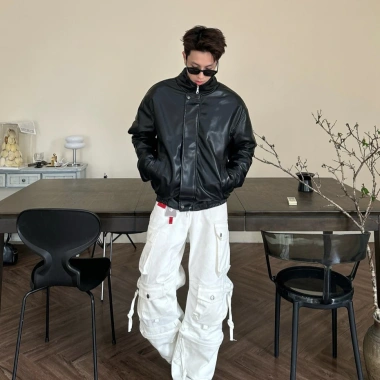 Áo Khoác Da Chần Bông Unisex Cổ Bẻ Khóa Kéo Retro Đường Phố - Phong Cách Cá Tính 6