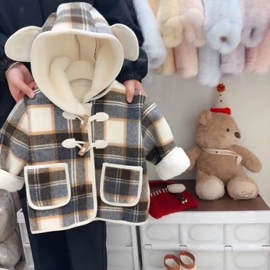 Áo khoác dạ kẻ QCCC bé trai lót lông mịn mũ gấu Noel Tết 2.026 size 9-25kg 348k