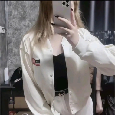 Áo khoác da nữ bomber thêu cờ Mỹ - Croptop basic thanh lịch, dễ phối, xu hướng 2.025, giảm giá 129k