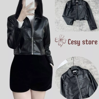 Áo khoác da nữ croptop Cesy 2 lớp, dài tay, khóa kéo, đệm vai - 188.366 VND