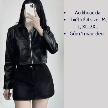 Áo khoác da nữ croptop Cesy 2 lớp, dài tay, khóa kéo, đệm vai - 188.366 VND