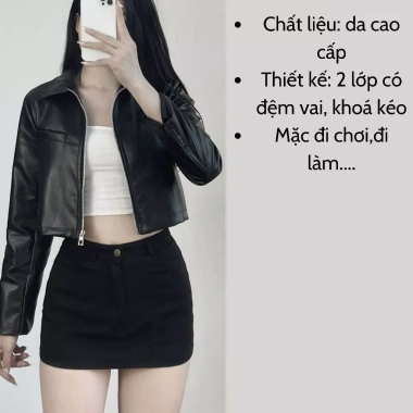 Áo khoác da nữ croptop Cesy 2 lớp, dài tay, khóa kéo, đệm vai - 188.366 VND