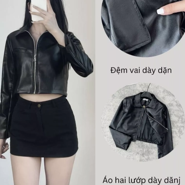 Áo khoác da nữ croptop Cesy 2 lớp, dài tay, khóa kéo, đệm vai - 188.366 VND