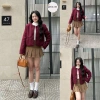 Áo khoác dạ Tweed bông xù cúc bọc vải túi ngang SURAN TWEED đỏ burgundy tết Noel 2