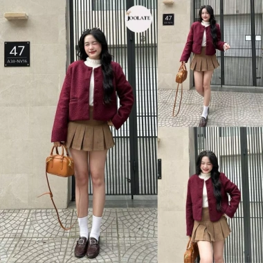 Áo khoác dạ Tweed bông xù cúc bọc vải túi ngang SURAN TWEED đỏ burgundy tết Noel 2 Áo khoác dạ Tweed bông xù cúc bọc vải túi ngang SURAN TWEED đỏ burgundy tết Noel 2