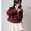 Áo khoác dạ Tweed bông xù cúc bọc vải túi ngang SURAN TWEED đỏ burgundy tết Noel 3