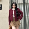 Áo khoác dạ Tweed bông xù cúc bọc vải túi ngang SURAN TWEED đỏ burgundy tết Noel 9