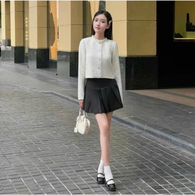 Áo khoác dạ Tweed cổ tròn đính ngọc, khuy tròn dài tay Hàn Quốc - 299.000đ YUMEE