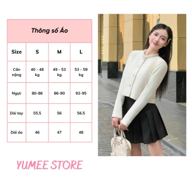 Áo khoác dạ Tweed cổ tròn đính ngọc, khuy tròn dài tay Hàn Quốc - 299.000đ YUMEE