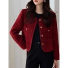 Áo khoác da tweed đỏ cổ tròn khuy đồng - phong cách thanh lịch, giảm giá 254.293₫