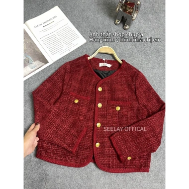Áo khoác da tweed đỏ cổ tròn khuy đồng - phong cách thanh lịch, giảm giá 254.293₫