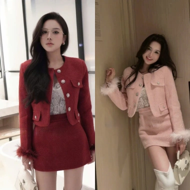 Áo khoác dạ tweed nữ dáng ngắn cổ tròn dài tay màu đỏ nhung kèm chân váy ôm ngắn, giá 479k