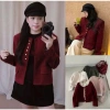 Áo khoác dạ tweed nữ đỏ lông xù, dáng ngắn tiểu thư, túi nắp, mùa đông - 239k 5