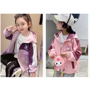 Áo khoác gió 2 lớp bé gái, in hình KuRoMi, vải tráng bạc chống nước cản bụi
