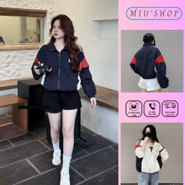 Áo khoác gió 2 lớp thêu ngựa kẻ sọc, thể thao nam nữ, chất gió lạnh, dây rút - MIU MIU 146k