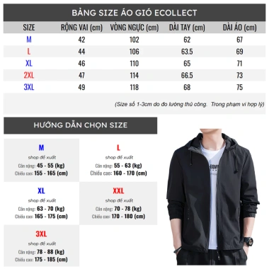 Áo Khoác Gió Nam ECOLLECT G19 Có Mũ Chống Gió Trượt Nước Nhẹ Full Zip Size M-3XL Giá 189.000 VND 9