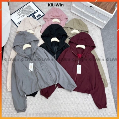 Áo khoác gió nữ 2 lớp lót lụa, túi kéo khóa, mũ trùm đầu dây rút, dáng lửng thời trang - Giá ưu đãi 125k