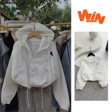 Áo khoác gió thêu ngựa trắng rút dây thể thao – Chống nắng kèm mũ cho nữ 2 kiểu