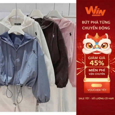 Áo khoác gió thêu ngựa trắng rút dây thể thao – Chống nắng kèm mũ cho nữ 2 kiểu