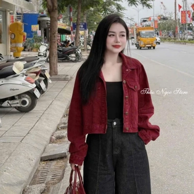 Áo khoác jean nữ croptop 2 túi nắp tay dài Hồng Pastel - Giá chỉ 165k giảm từ 212.850