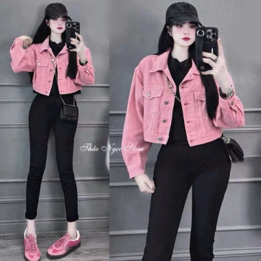 Áo khoác jean nữ croptop 2 túi nắp tay dài Hồng Pastel - Giá chỉ 165k giảm từ 212.850