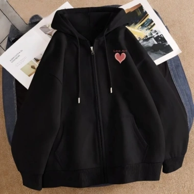 Áo khoác nỉ mũ hai lớp logo Love Art Tim Đỏ HARIQUEEN lót bông tay bồng giảm 22%