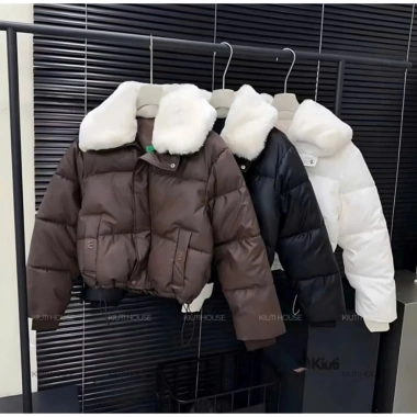 Áo khoác nữ da PU 3 lớp, cổ lông tháo rời, freesize, dây rút & tay bo - 199.000đ