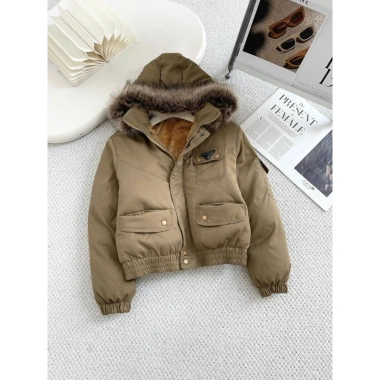 Áo Khoác Parka Kaki Dáng Ngắn, Mũ Lông, Lót Lông Siêu Ấm, Xinh Xắn Trẻ Trung Năng Động 5