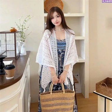 Áo khoác ren dệt kim dạng khăn tua rộng cổ trang free size - Sang chảnh du lịch 2.025 4