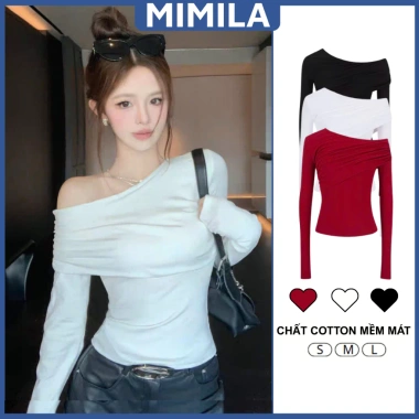 Áo lệch vai dài tay nữ ôm dáng MIMILA đỏ thun cotton size có sẵn giá ưu đãi 106k