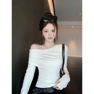 Áo lệch vai dài tay nữ ôm dáng MIMILA đỏ thun cotton size có sẵn giá ưu đãi 106k