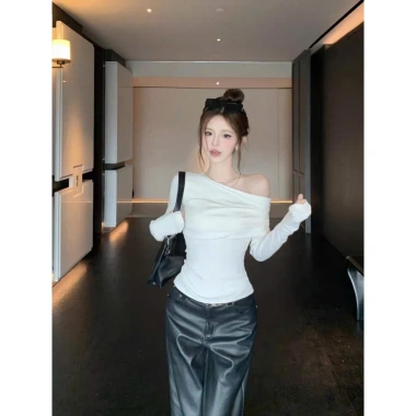 Áo lệch vai dài tay nữ ôm dáng MIMILA đỏ thun cotton size có sẵn giá ưu đãi 106k