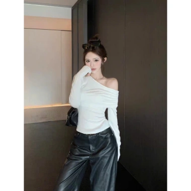 Áo lệch vai dài tay nữ ôm dáng MIMILA đỏ thun cotton size có sẵn giá ưu đãi 106k