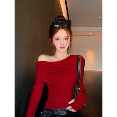 Áo lệch vai dài tay nữ ôm dáng MIMILA đỏ thun cotton size có sẵn giá ưu đãi 106k