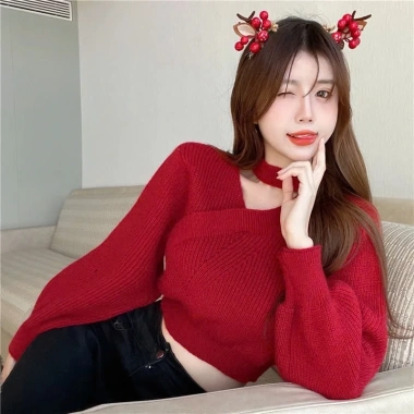 Áo len đỏ dài tay, tay phồng cổ choker cá tính, phối màu giáng sinh Noel Tết G-18 - 129k 2