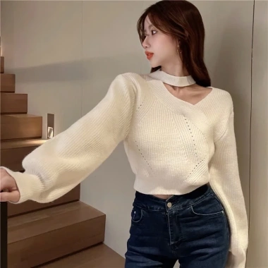 Áo len đỏ dài tay, tay phồng cổ choker cá tính, phối màu giáng sinh Noel Tết G-18 - 129k 7