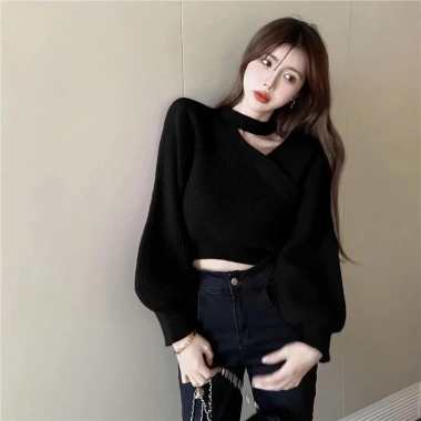 Áo len đỏ dài tay, tay phồng cổ choker cá tính, phối màu giáng sinh Noel Tết G-18 - 129k 8