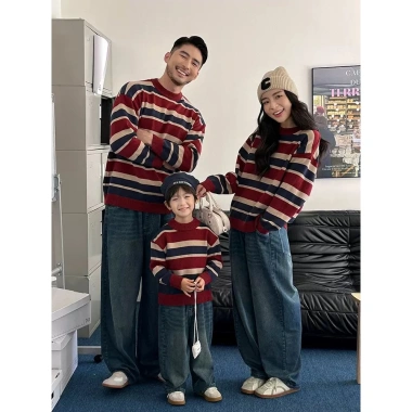 Áo len kẻ sọc đỏ đôi couple, đồ gia đình Set Quảng Châu mới nhất, giảm giá 320k