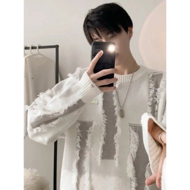 Áo len nam Magee túa rua đục lỗ cổ điển Nhật Bản, màu tương phản, dáng rộng, áo dài tay thời trang cặp đôi teen 5