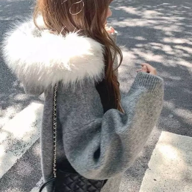 Áo Len Nữ Mũ Lông Dáng Rộng Dệt Kim Dày Ấm Hàn Quốc – Chali L06 Đi Làm Đà Lạt Tết Thu Đông
