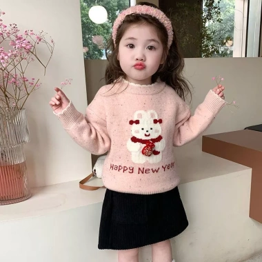 Áo len thỏ Happy New Year ấm áp dày dặn, cute xinh xắn, đáng yêu cho bé gái mùa đông Tết 2
