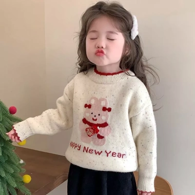 Áo len thỏ Happy New Year ấm áp dày dặn, cute xinh xắn, đáng yêu cho bé gái mùa đông Tết 3
