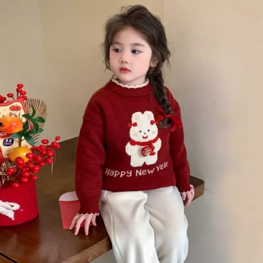Áo len thỏ Happy New Year ấm áp dày dặn, cute xinh xắn, đáng yêu cho bé gái mùa đông Tết 4