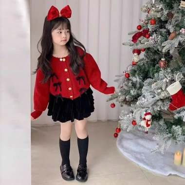 Áo len vặn thừng đính nơ + chân váy nhung 2 tầng lót trong size 2-12Y Jumy Kids giá 169k 4