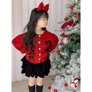 Áo len vặn thừng đính nơ + chân váy nhung 2 tầng lót trong size 2-12Y Jumy Kids giá 169k 6
