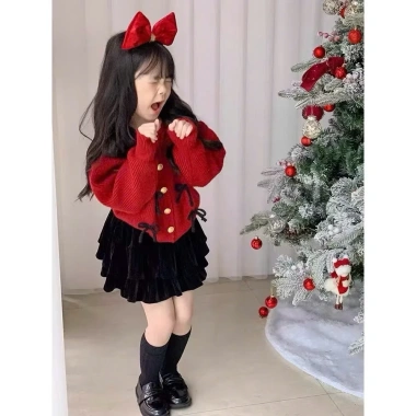 Áo len vặn thừng đính nơ + chân váy nhung 2 tầng lót trong size 2-12Y Jumy Kids giá 169k 7