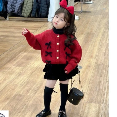 Áo len vặn thừng đính nơ + chân váy nhung 2 tầng lót trong size 2-12Y Jumy Kids giá 169k 9