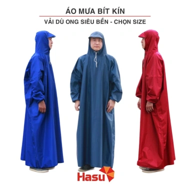 Áo mưa bít Hasu người lớn & trẻ em, size 110‑160cm, vải dù tổ ong, chống thấm, 55.000₫