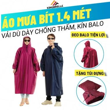 Áo Mưa Bít Kingbrella 1m4 Vải Dù Dày Cao Cấp – Trùm Balô, Chống Thấm Văng, Mặc Nhanh Tiện